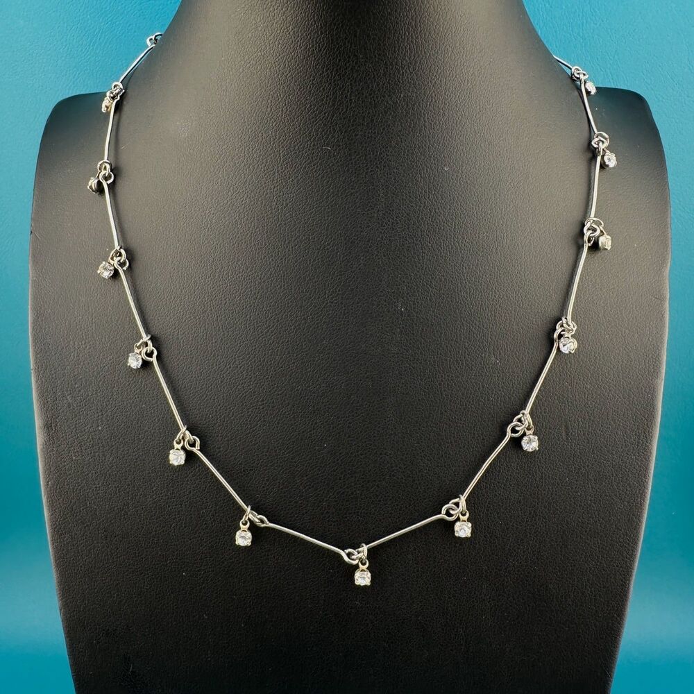 Vintage Necklace Silver Tone Bar Link Chain Clear Rhinestone Charms Dainty 15.5"